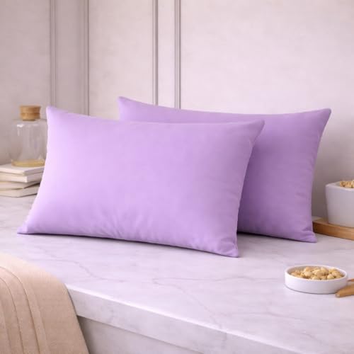 Image of THE HOME STYLE Solid Plain Cotton Feel Fitted Bedsheet King Size (72x78 inches) | 2 Pillow Covers | 300 TC | Elastic Fit | Fits Upto 8 Inch Mattress (Lilac)