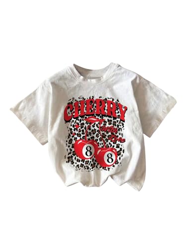 Girl's Leopard Cherry Print T Shirts Short Sleeve Crew Neck Summer Number Graphic Tees