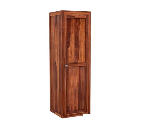 Image of Sheesham Wood Wooden Single Door Wardrobe Organizer for Clothes | - Solid Wood Almirah with 5 Shelves - Cupboard for Large Bedroom, Natural Finish