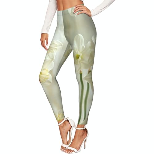 Leggings de compresión de alta calidad con elegante diseño de narciso blanco