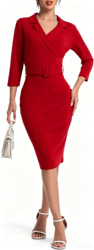 Image of SxClub Dresses for Women 3 /4 Sleeve Business Knee Length Pencil Dress | Women's Elegant Dress Wear to Work Sexy V Neck Cocktail Evening Fall Outfits with Belt