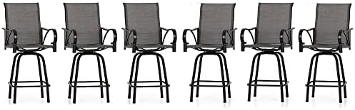 HERA'S HOUSE Patio Bar Stools Set of 6, Outdoor Swivel Bar Height Patio Chairs with Solid Back & Armrest, All Weather Textilen Fabric High Top Chair for Lawn Garden, Grey