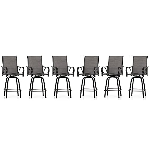 Hera's House Patio Bar Stools Set Of 6, Outdoor Swivel Bar Height Patio Chairs With Solid Back & Armrest, All Weather Textilen Fabric High Top Chair For Lawn Garden, Grey #TOP2