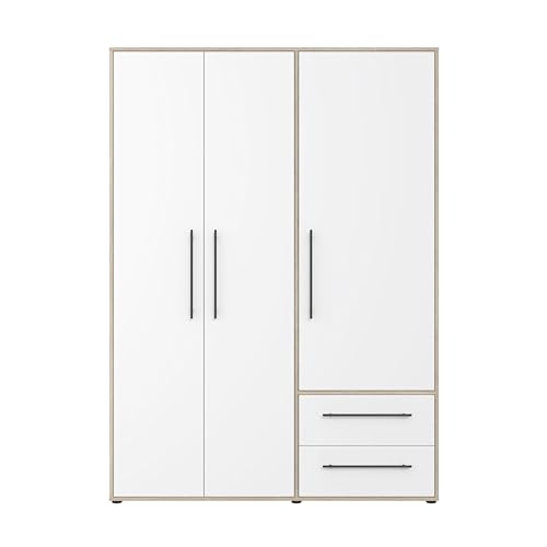 AVANTI TRENDSTORE Fathie - Armadio camera da letto a 3 ante battente e 2 cassetti, all'interno ripiani e un appendiabiti. Colore bianco, bianco/marrone. Dimensioni LAP 145x200x59 cm.