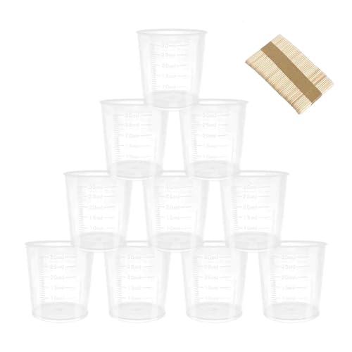 Vasos medidores de 30 ml, paquete de 100 vasos de mezcla de medición de medicamentos de 30 ml, taza pequeña de plástico graduada con 100 varillas para pintura de manchas de resina