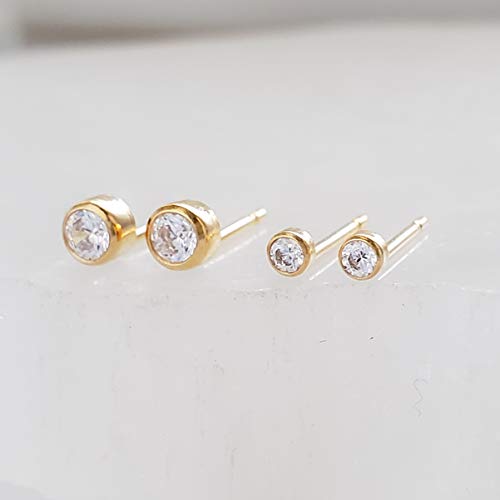 Tiny Bezel Set CZ Diamond Stud Earrings Cubic Zirconia Studs Dainty Gold Earring Studs Delicate Sparkle Studs Multiple Piercing