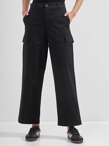 Image of Tokyo Talkies Pure Cotton Straight Wide Leg Cargo Pants |Relaxed Fit Utility Trousers