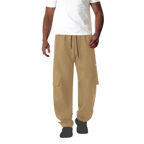 Pockets Cargo Pants for Men Solid Color Drawstring Elastic Workwear Pants Classic Lightweight Long Trousers Basic