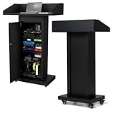 Heavy-Duty Black Metal Podium Stand with Lockable Wheels | Mobile Lectern with Storage Cabinet & Standard 50.4