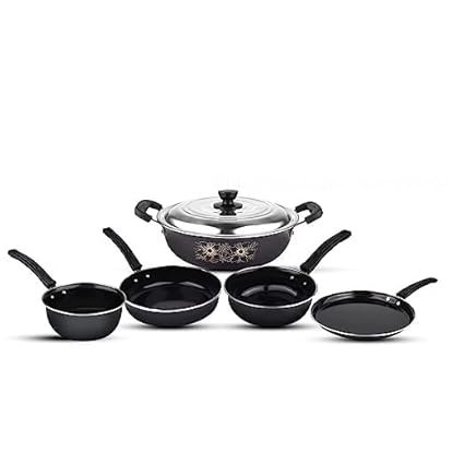 BigPlayer 5-Piece Cast Iron Cookware Set, Medium Black, 26cm - Includes Kadhai with Lid, Tadka Pan, Fry Pan, Tea Pan - Versatility for Your Kitchen