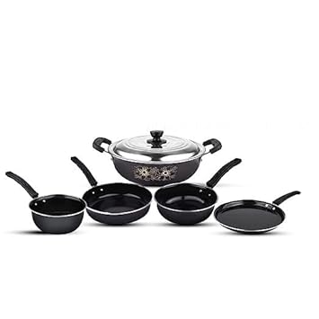 BigPlayer 5-Piece Cast Iron Cookware Set, Medium Black, 26cm - Includes Kadhai with Lid, Tadka Pan, Fry Pan, Tea Pan - Versatility for Your Kitchen