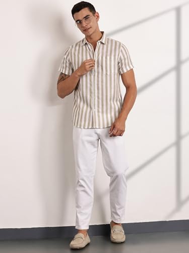 Image of Thomas Scott Men's | Stripes | Half Sleeve | Slim Fit | Linen Blend | Spread Collar | Casual Shirt
