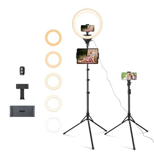 Aureday 14inch iPad Ring Light with Tripod Stand, 62inch Selfie Tripod Light Ring with Phone&Tablet Holder for Recording, 20W LED Circle Light with Wireless Remote for Tiktok, Makeup, Live Streaming