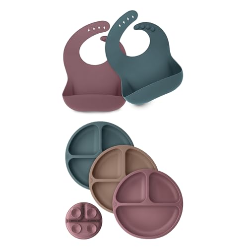Image of KeaBabies 2-Pack Baby Silicone Bibs and Suction Plates for Baby, Toddler - Waterproof, Easy Wipe Silicone Bib for Babies - 3-Pack 100% Silicone Divided Baby Plates with Suction, BPA Free Plates