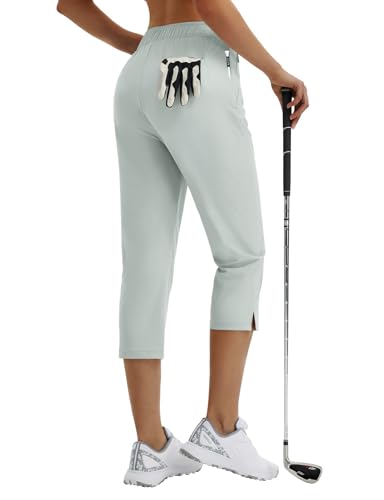 Image of baleaf 20'' Women Capris with Pockets Stretch Golf Work Dress Cropped Pants Straight Leg High Waisted Pull On Summer