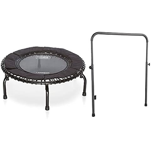 JumpSport 250 Indoor Home Cardio Fitness Rebounder Durable Bounce Exercise Mini Trampoline with Handle Bar Accessory, Premium Bungees, and Workout DVD Cover