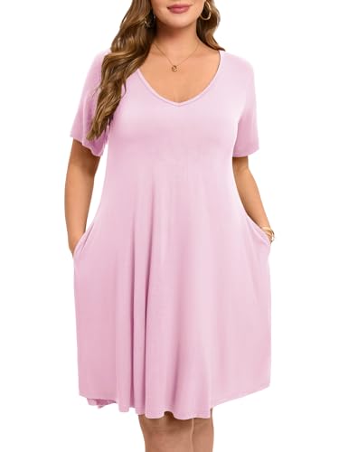 Image of ZENNILO Women's Plus Size Swing Dress with Pockets Casual Summer Dresses V Neck Short Sleeve T Shirt Dress for Women
