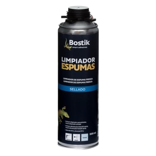 BOSTIK LIMPIADOR ESPUMAS Transparente, Disolvente en Aerosol para la Limpieza de Restos de Poliespuma, Elimina Restos de Espuma, con Adaptador para la Limpieza de Pistolas Aplicadoras, Bote 500 ml