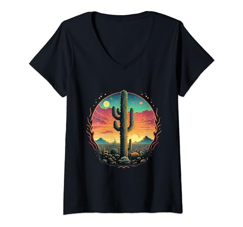 Donna Cool Retro Vintage Saguaro Cactus Sunset Transition Desert Maglietta con Collo a V