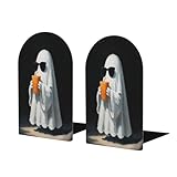 Sujetalibros de Madera con diseño de Fantasma con Gafas de Sol y sorbos para estanterías, 2 Unidades, Organizador para Libros, Ideal para bibliotecas, oficinas y hogares.