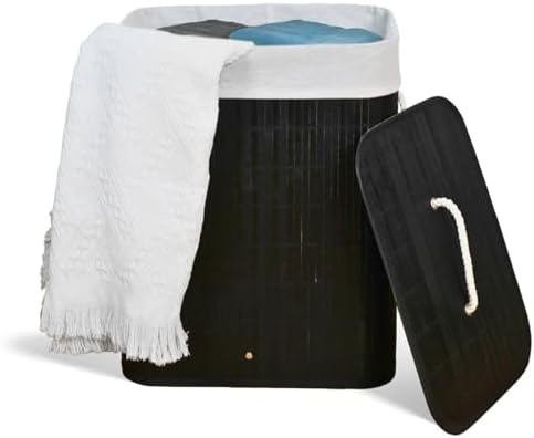 Cesto De Roupa Suja com Alças Em Bambu Com Tampa Forrado Banheiro...