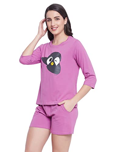 Image of Clovia Women's Cotton Printed T-Shirt & Shorts Set - Purple