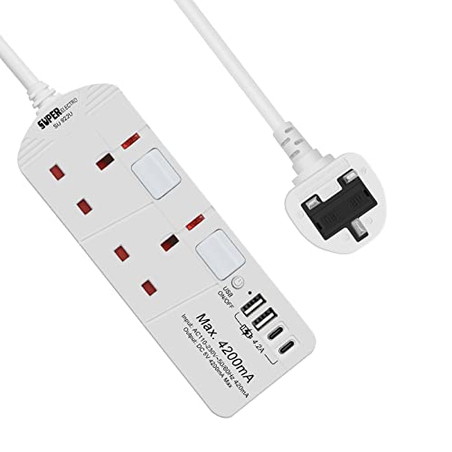 SE UKASE Extension Lead with USB Slots(5V/5A), 2 Way Plug Sockets with Individual Switches USB and Type C