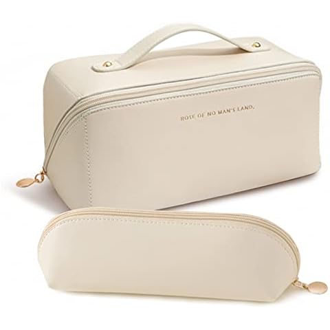 BOXTOHEART 2 Pack Portable Make Up Bag, Large Capacity Travel Cosmetic Bag, PU Leather Double-layered, Waterproof Portable Cosmetic Face Brushes Holder for Skin Care Kits Cosmetics Toiletries (White) Cover