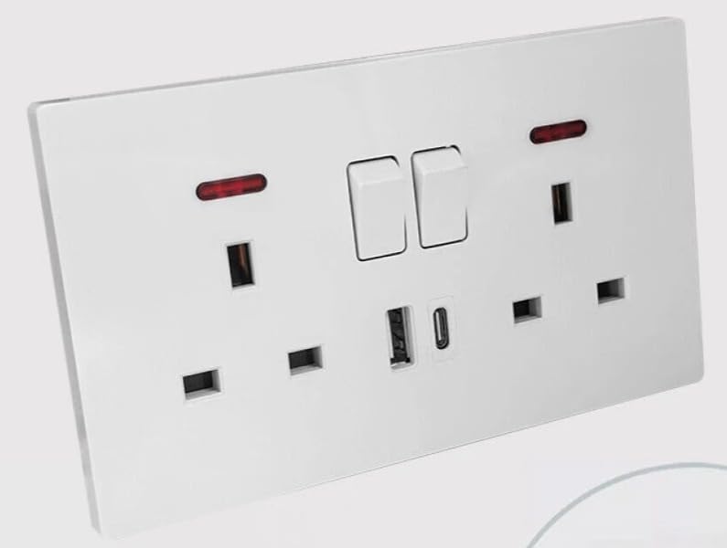 Fast Charging Switched Single Double Socket with Two Charging USB Ports Neon Light 13 A UK Double USB A & C