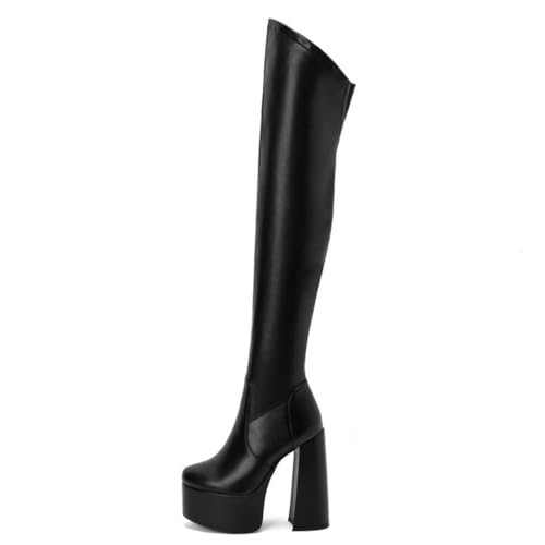 Gueploer Botas por Encima De La Rodilla, Botas De Muslo Alto De Plataforma De Tacones De Bloque para Mujer para Fiestas, Vida Diaria,Negro,39 EU