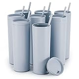 Maars Skinny Acrylic Tumbler with Lid and Straw | 18oz Premium Insulated Double Wall Plastic Reusable Cups - Matte Dusty Blue, 8 Pack