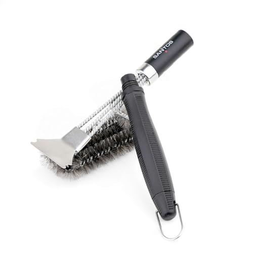 SANTOS 3-Kopf Grillbürste – Edelstahlborsten & Schaber – kraftvolle Reinigung für Grillroste – 44 cm Länge – austauschbarer Bürstenkopf – langlebig & effektiv