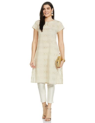 Image of W for Woman Beige Glitter Printed Straight Kurta