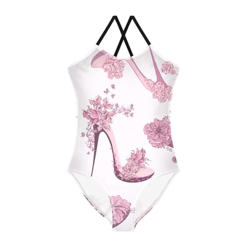 Girls One Piece Swimsuits High Heels and Flowers Pattern Sport Halter Swimwear Beach Bathing Suit,7-8T