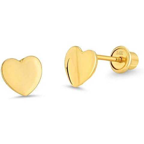 14k Yellow Gold Plain Heart Children Screwback Baby Girls Stud Earrings Cover