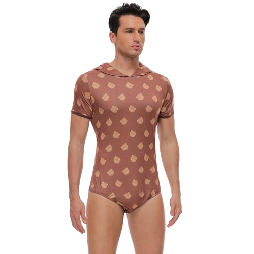 Mens Short Sleeve Bodysuit Romper Pajamas For Men Button Crotch Onesies-Bear Hoodie Onesies3