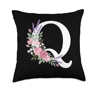 Monogram Initial White Letter Q, Pink Roses Purple Flowers Throw Pillow