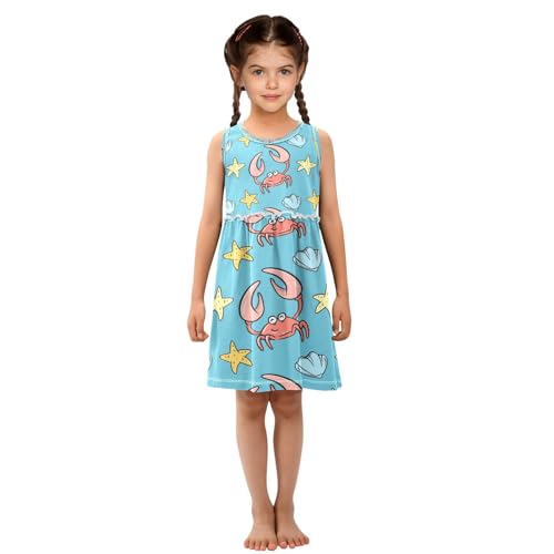Girls Dress Sea Crab Blue Starfish Sleeveless Dress Summer Cotton Sundress 8Y4