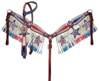 Showman Red/White/Blue Patriotic Headstall & Breast Collar Set w/Fringe