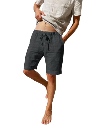 LVCBL Men's Loose Fit Dark Gray Linen Shorts - Holiday Beach Vacation Shorts with Drawstring and Pockets Dark Gray XL