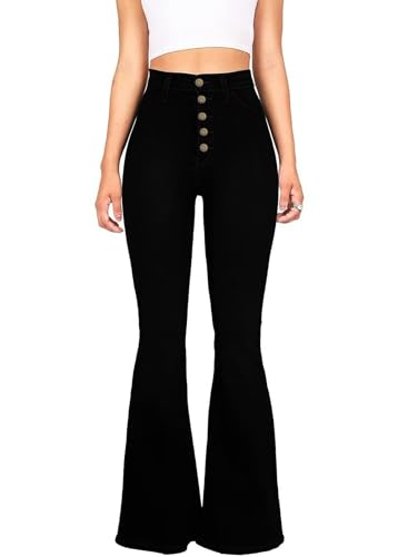 KDF Flare Jeans for Women High Waisted Bell Bottom Jeans for Women Slimming Wide Leg Denim Pants Buttons Closure Black Size 8