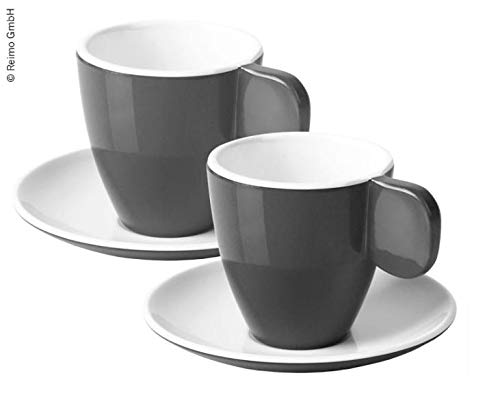Camp4 9329930933 - Juego de 2 Tazas Desayuno y 2 Platillos (Melamina), Color Gris y Blanco