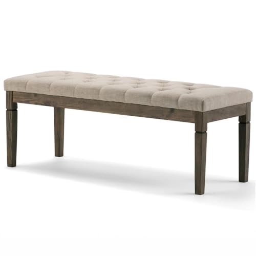 Pemberly Row 48" Tufted Ottoman Bench, Natural Linen-Look Fabric, Solid Wood Frame with Carved Legs, French Country Style, Multi-Functional Seating for Bedroom, Living Room, or Entryway