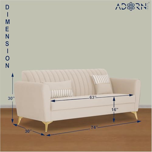 Image of Adorn India Premium Luster 3 Seater | Velvet Suede Fabric | 3-Year Warranty | Color Cream with Golden Legs & Striped Pattern Cushion