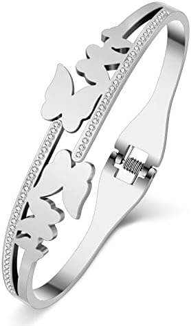 YAYAKO Stainless Steel Rhinestone Bracelet Bangle Dainty 18k Plated Silver Gold Bracelets for Women Girls Charm Bracelets Gifts (Plated Silver Butterfly Bracelets)