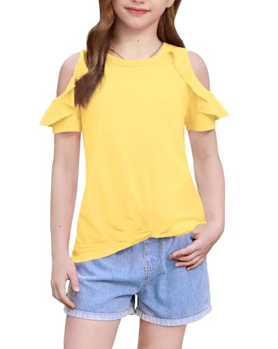Image of BesserBay Girls Cold Shoulder Tops Twist Front Tunic Ruffle Sleeve Summer Blouses 5-14 Years