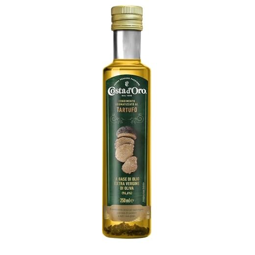 Costa d'Oro - Olio aromatizzato al tartufo, 250 ml. Olio Extravergine di Oliva estratto a freddo, ideale a crudo su pasta e risotti. Bottiglia da 25 cl.