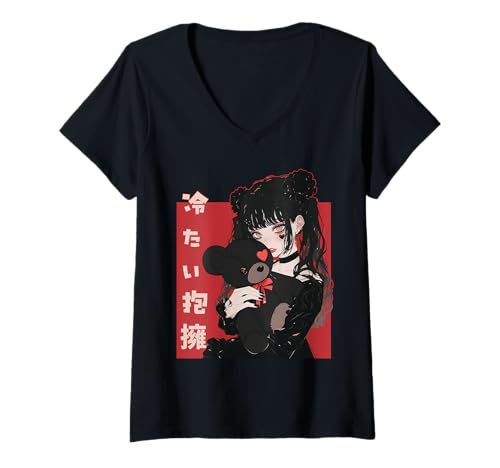 Mujer Cold Embrace Goth Anime Girl Con Teddy Bear Anti Valentine Camiseta Cuello V