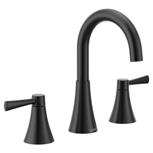 Moen 84023BL Ronan Two-Handle Widespread Bathroom Sink Faucet with Valve Included Matte Black Modern 3-Hole Faucet with Push-Down Drain Assembly