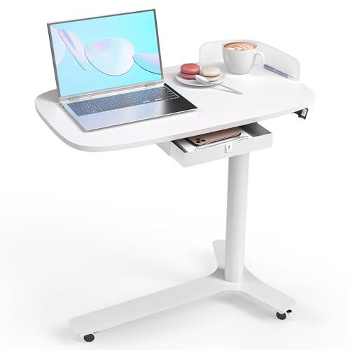 Image of WALKINGDESK Rolling Desk Adjustable Height with Drawer and Wheels, Portable Small Standing Desk Pneumatic for Home Office, Mobile Computer Laptop Cart, Medical Sofa Overbed Table, White